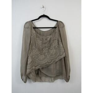 Moda Italy Seta Silk Blend Embroidered Long Sleeve Crossover Taupe Gray Blouse